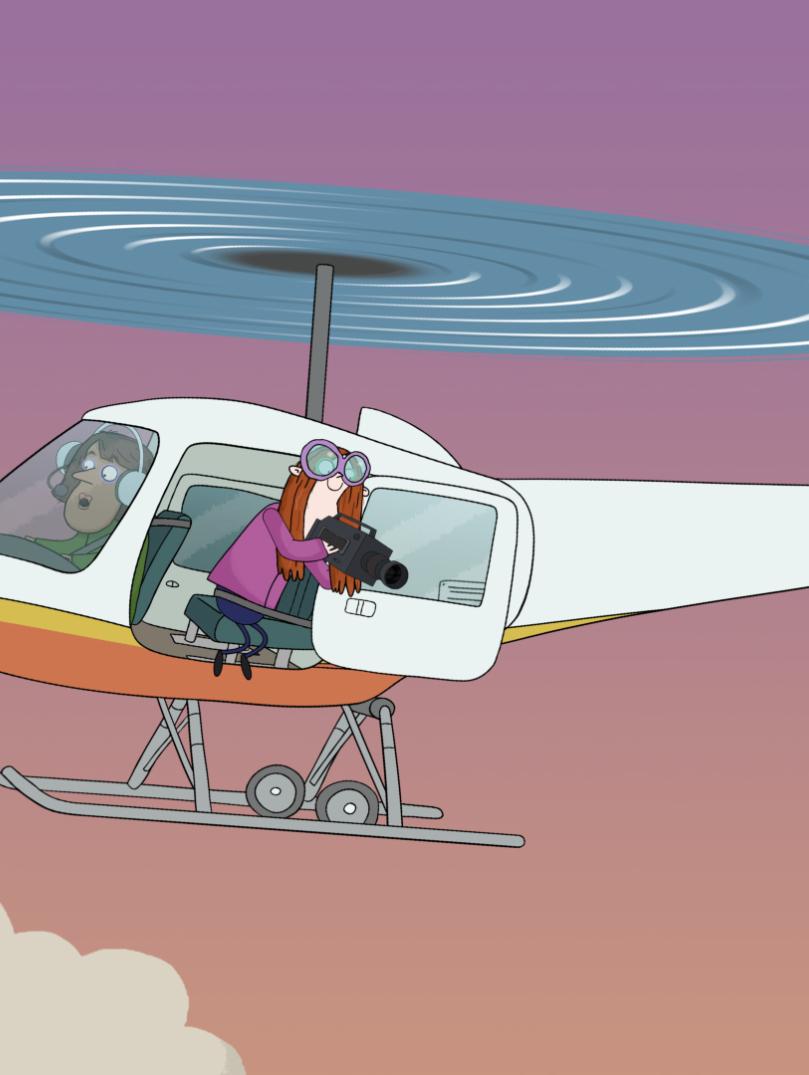 Screenshot from animation of Dave Spud EP52, S2 showing a white helicopter against a pick/orange backdrop. There's a woman leaning out the door filming with a camera.