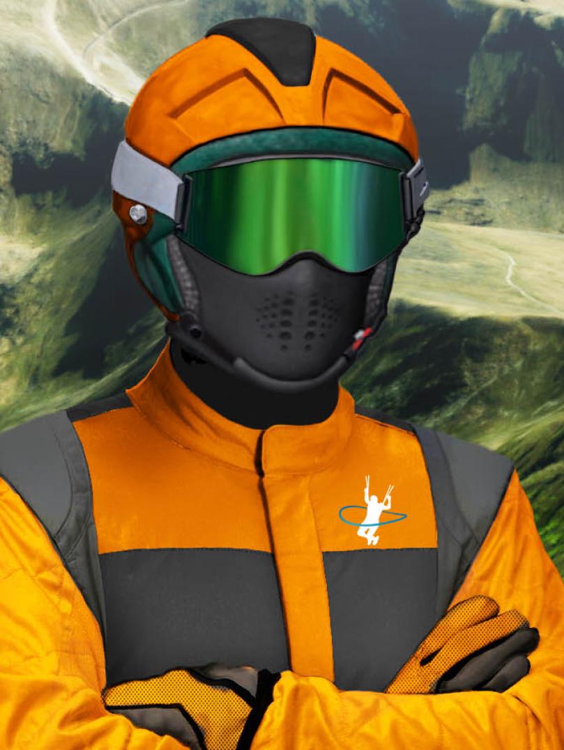 Animated shot of orange and black Paradrop VR (Frontgrid) glider with the words 'Snowdon Yr Wyddfa' written on it. It's flying against a backdrop of green hills