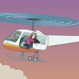 Screenshot from animation of Dave Spud EP52, S2 showing a white helicopter against a pick/orange backdrop. There's a woman leaning out the door filming with a camera.